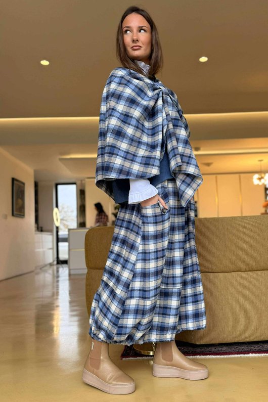 Roberta Plaid Brushed Cotton Drape Cape Highland Blue